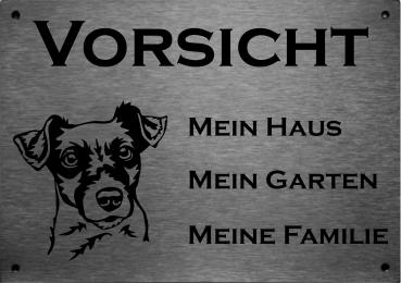Edelstahl Warnschild Jack Russell VORSICHT Mein Haus mein Garten meine Familie